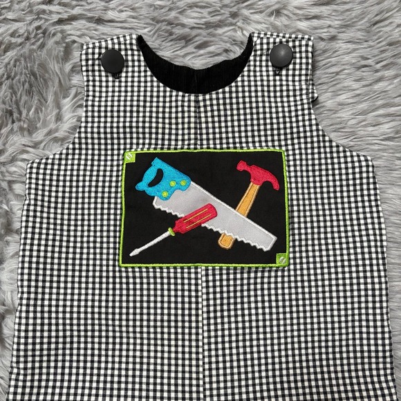 Mulberry Street Smocked Reversible Overall Plaid Corduroy Tools Train 6-12 Month - Picture 2 of 4